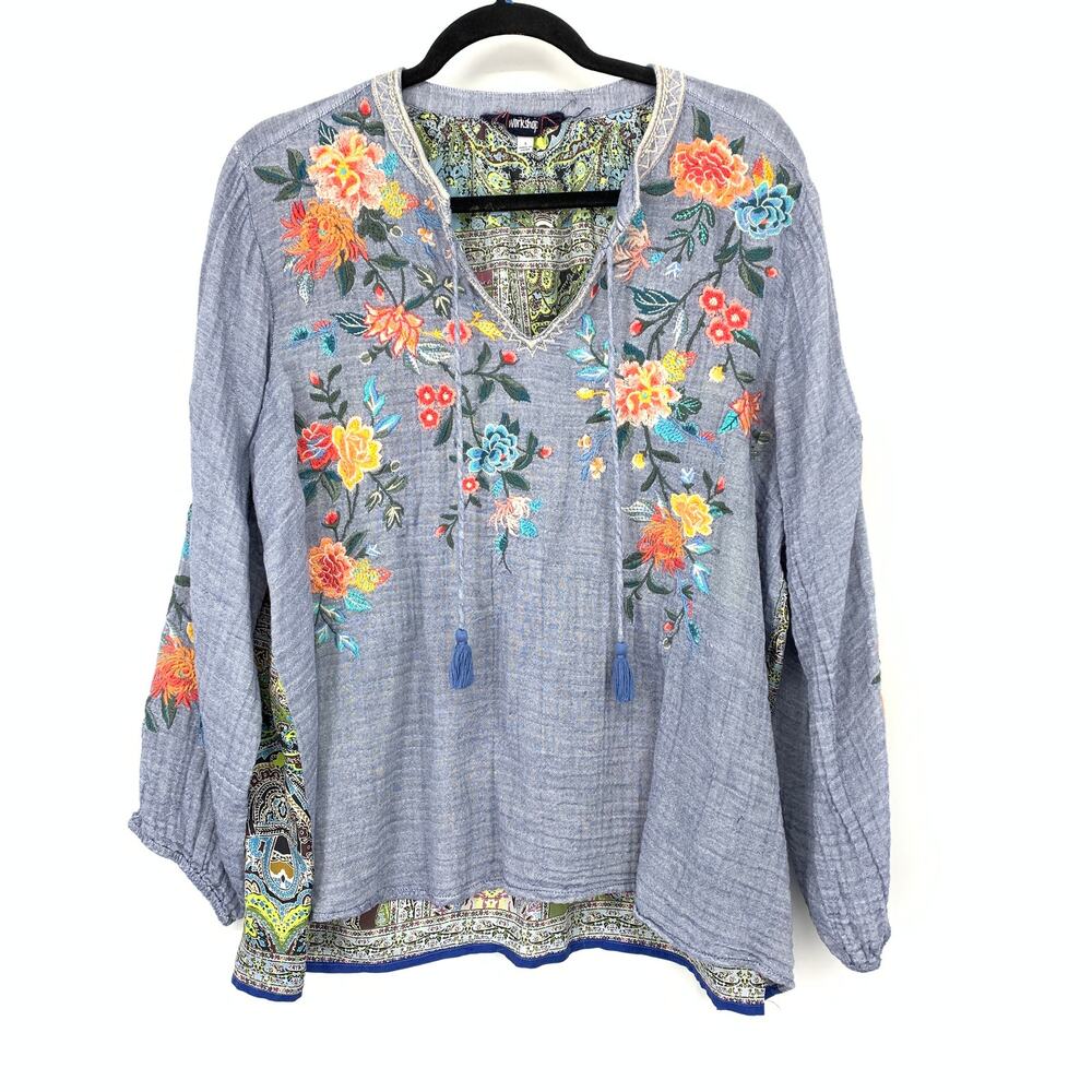 Johnny Was Workshop Norah Effortless Peasant Blouse Sz L Embroidered Silk Back